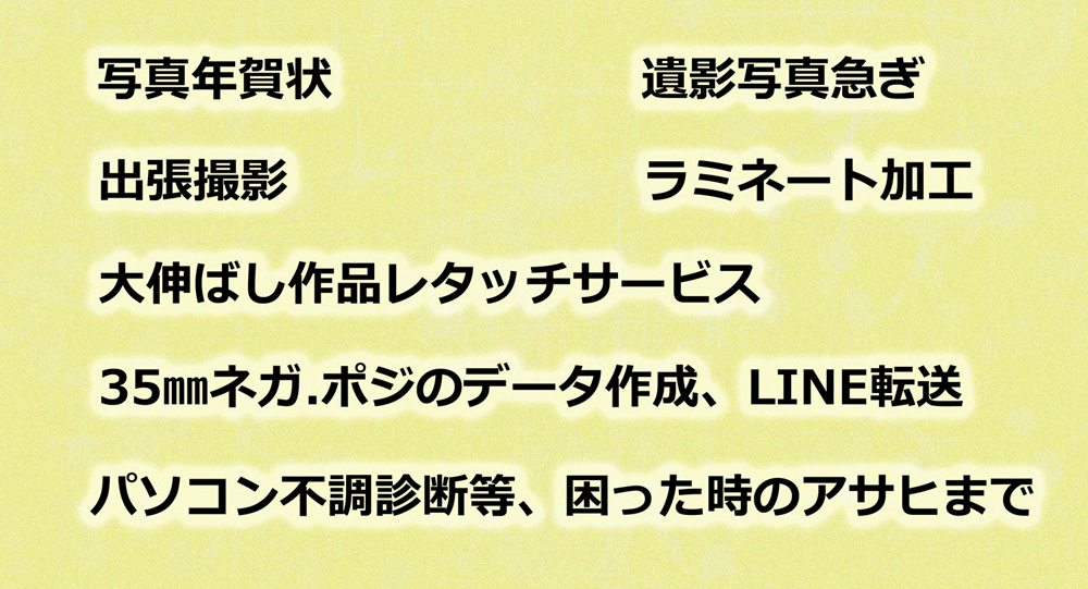 出張撮影・遺影写真急ぎ・写真年賀状・ラミネート・パソコン診断等何でもご相談ください。